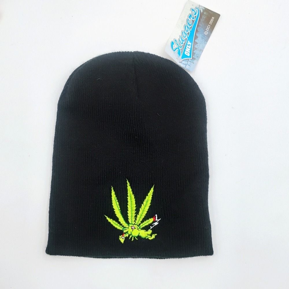 THC Clothing Black Weed Leaf Knit Beanie Hat Embroidered Winter Vintage 90's NOS